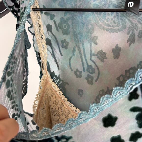 Y2K C-Lue Silk Blend Sheer Velvet Paisley Blosue w Lace Cami Blue - S - Picture 4 of 9